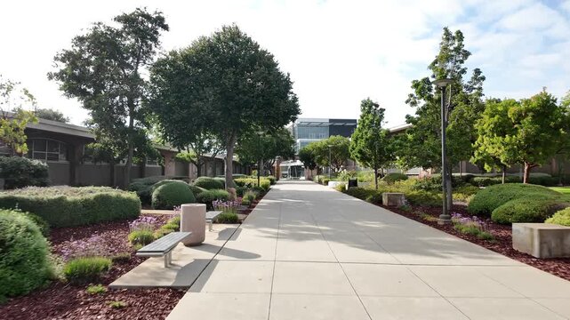 Ground level footage captures a steady walk across Chabot College, highlighting open courtyards, academic buildings, and the everyday rhythm of campus life.