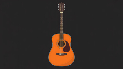 Fototapeta premium An orange acoustic guitar stands isolated against a dark background