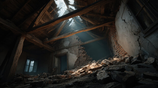 Collapsing abandoned house roof with broken wooden beams, scattered brick rubble and dusty light rays filtering through ruined attic, eerie atmospheric decay and structural collapse