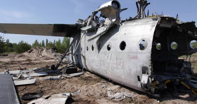 Tail Section Of A Crashed Aircraft Remains In Rassokha Vehicle Graveyard In Ukraine. Close-up Shot