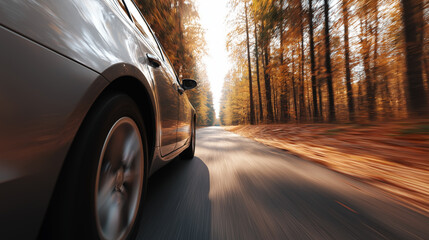 Obraz premium A car driving fast along a forest road during autumn with motion blur. 