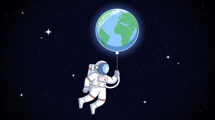 Fototapeta premium Astronaut floating in space holding a balloon shaped like planet Earth
