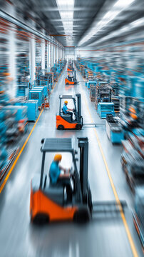 Automated vehicles transporting goods inside a fast paced warehouse distribution center.
