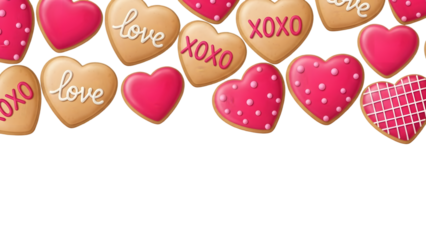A festive arrangement of heart shaped cookies with love and xoxo messages on them isolated on transparent background for valentines day celebrations and sweet treats