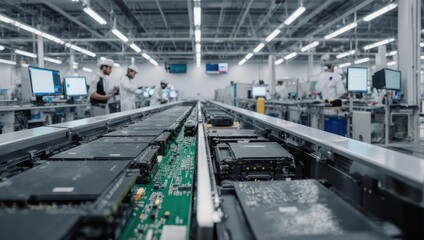 Naklejka premium Modern Electronics Manufacturing Assembly Line with Workers and Technology.