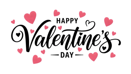 Happy valentines day greeting with pink hearts on transparent background