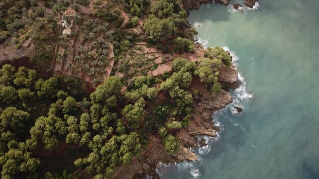 Aerial camera moves forward above a pine‑covered rocky headland jutting into turquoise Mediterranean water on Mallorca&rsquo;s Tramuntana coast.