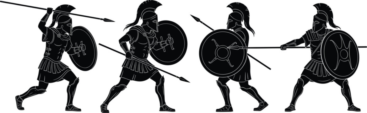 Ancient Greek warrior silhouette vector set with spear, shield, helmet, combat stances, black graphic design for historical themes.