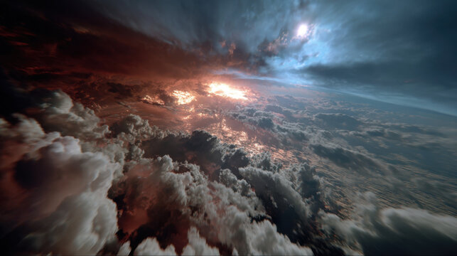 First person cinematic view plunging into Earth cloudscape at dramatic sunset with fiery light and deep blue atmosphere, dynamic motion and cinematic mood