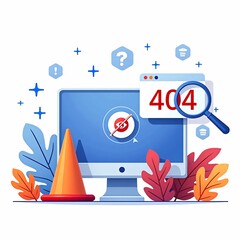 Modern 404 error illustration showing computer screens, warning cones, and search elements in a clean UI style. Ideal for website error pages, app interfaces, and user experience design concepts