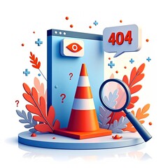 Modern 404 error illustration showing computer screens, warning cones, and search elements in a clean UI style. Ideal for website error pages, app interfaces, and user experience design concepts