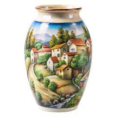 HandPainted Ceramic Vase with a Rustic Village Scene on transparent background