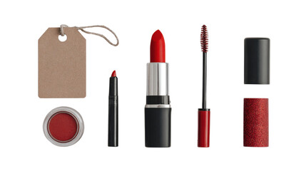 Red Lipstick Makeup Set with Beauty Accessories Isolated on White Background