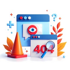 Modern 404 error illustration showing computer screens, warning cones, and search elements in a clean UI style. Ideal for website error pages, app interfaces, and user experience design concepts