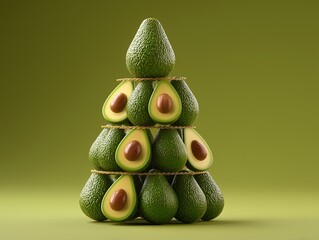 Creative 3D Illustration of Whole and Halved Avocados Tied with Rope into a Christmas Tree Shape for Minimalist Healthy Holiday Food Concept