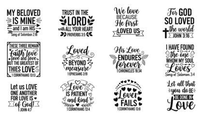 Collection of inspirational christian quotes and phrases in various fonts and designs isolated on transparent background