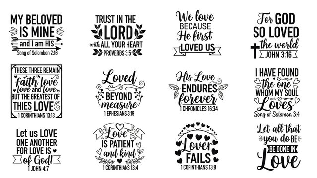 Collection of inspirational christian quotes and phrases in various fonts and designs isolated on transparent background