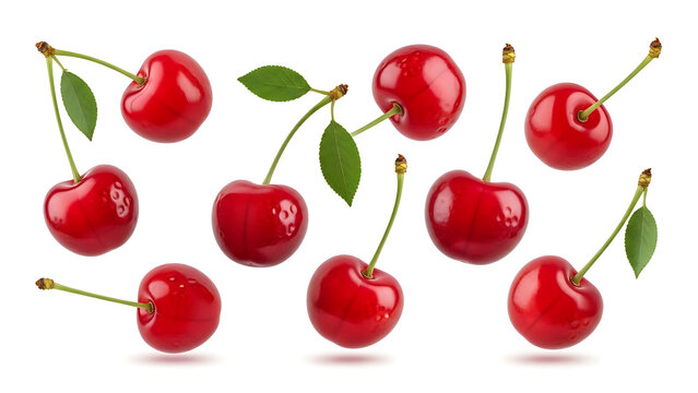 Cherry isolated Falling sour cherries with leaves on white background Flying cherry