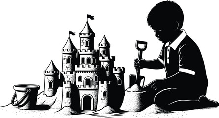 Black and white child building sandcastle with shovel and bucket, creative beach play vector illustration for kids summer fun design content © Maminul