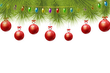Festive christmas border with red ornaments and colorful lights on green pine branches isolated on transparent background