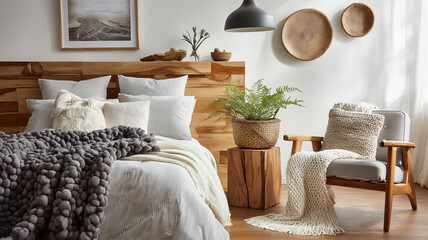 朝の光が差す北欧調寝室で木製ベッドと編み毛布を整然に描写