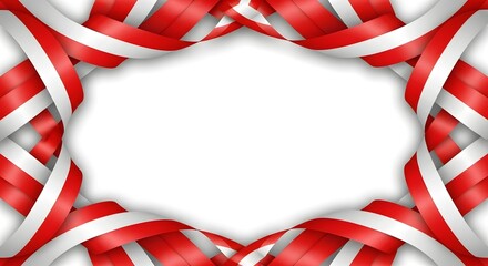 Decorative frame made of intertwined red and white ribbons forming circular border for festive card or greeting design