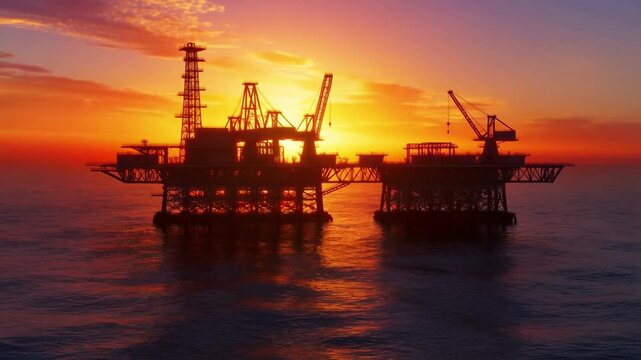 Sea Oil Rigs in the Sunset
