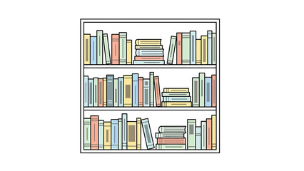 Colorful bookshelves filled with assorted books in a cozy library environment viewed from the front