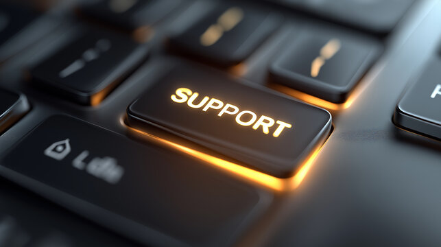 Close-up of an illuminated support button on a computer keyboard symbolizing customer service and assistance.
 - Powered by Adobe