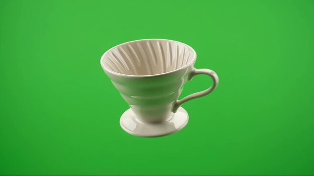 A white coffee dripper on a green background