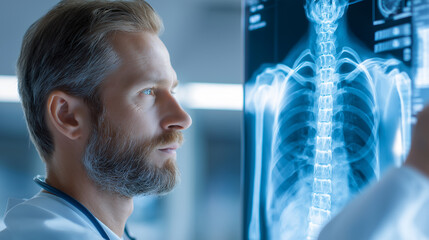 Medical professional examining a digital spine scan on a futuristic medical interface in a clinical environment.
