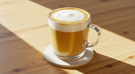 Warm latte on wooden table