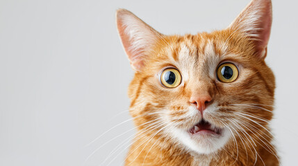 Close-up portrait of a surprised ginger cat with wide eyes and open mouth on a white background.
