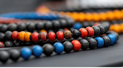 A close-up of a beaded necklace with a variety of colors and shapes.