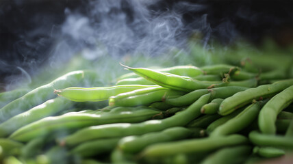 ほのかな湯気が漂う温かい蒸し豆の近接、やさしい熱感を表現