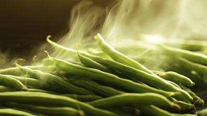 ほのかな湯気が漂う温かい蒸し豆の近接、やさしい熱感を表現