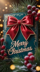 Merry christmas neon sign on a decorated wreath with gifts