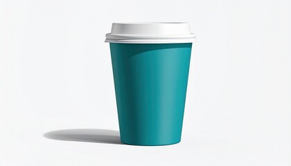 Teal coffee cup with lid and beans on white background