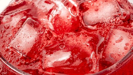 Closeup of Red Fruit Juice with Ice Cubes.
