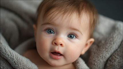 Curious baby with blue eye and soft blanket, surprised expression and warm natural light, close up portrait capturing innocence and gentle texture