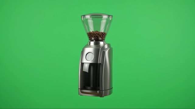 A coffee maker suspended in mid-air against a vibrant green background, showcasing its sleek design and dark liquid contents