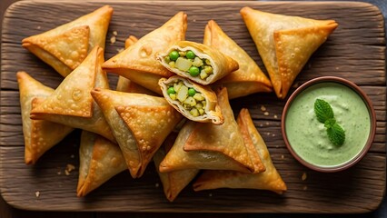 Samosas with Green Chutney on Wooden Board.
