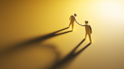 Two human figures reaching toward each other with long shadows on a golden surface symbolizing connection and support.
