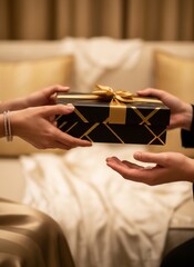 Close up of a woman holding a small pink gift box with a ribbon bow as a surprise celebration present for a Christmas or birthday holiday, or Valentine celebration