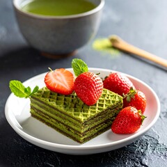 Dessert with matcha layers, strawberries, mint, and tea
