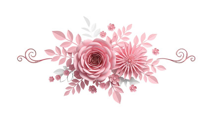 3D Pink Paper Flowers and Leaves Decorative Arrangement on transparent background