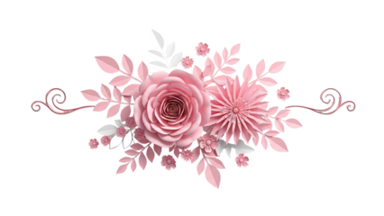 3D Pink Paper Flowers and Leaves Decorative Arrangement on transparent background