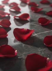 Romantic red rose petals create a beautiful floral background for a Valentine's Day wedding gift, symbolizing love and romance through a macro closeup of nature's delicate heart shape