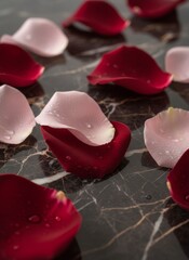 Romantic red rose petals scattered on a red background in a heart shape for a Valentine's Day of love