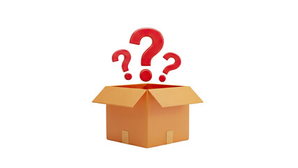 3D Question Marks Erupting From Open Cardboard Box on transparent background